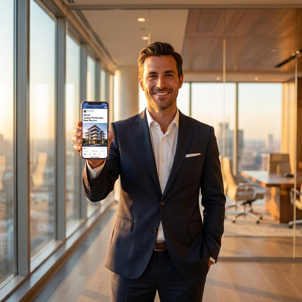 Consultor imobiliário feliz com telemóvel